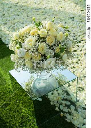 Beautiful wedding ceremony setup on green lawn  38400456