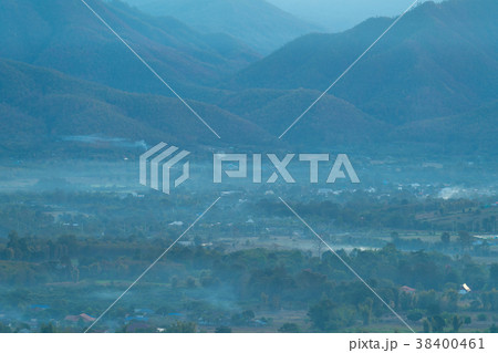Aerial view of Pai city covered with fog 38400461