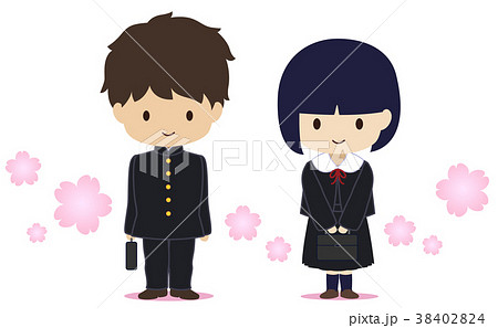 可愛い学生 ジャンパースカート 気を付け 桜のイラスト素材