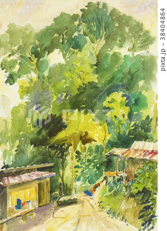 Landscape painting colorful of house in mountain. 38404864