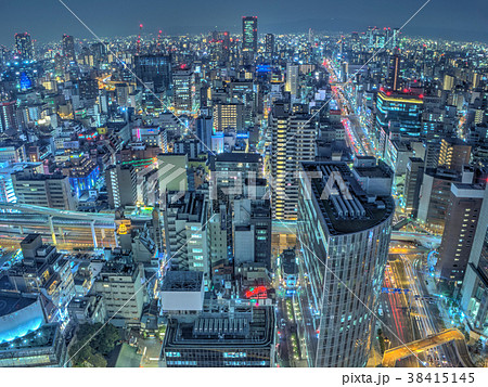 大阪 梅田 高層ビル街 夜景の写真素材