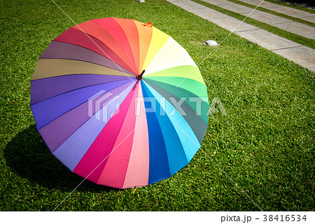rainbow umbrella in grass field rainbow umbrella in grass field 38416534