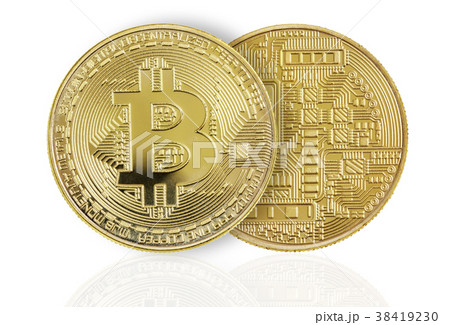 Two golden bitcoins on white background 38419230