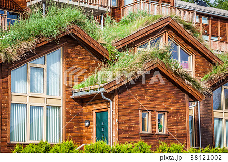 Typical norwegian house with grass on the roof Typical norwegian house with grass on the roof 38421002
