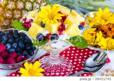 Breakfast: muesli, yogurt, fruit, edible flowers Breakfast: muesli, yogurt, fruit, edible flowers 38421742