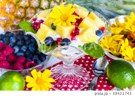 Breakfast: muesli, yogurt, fruit, edible flowers Breakfast: muesli, yogurt, fruit, edible flowers 38421743