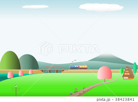 田舎の桜と機関車と合掌造り 38423841