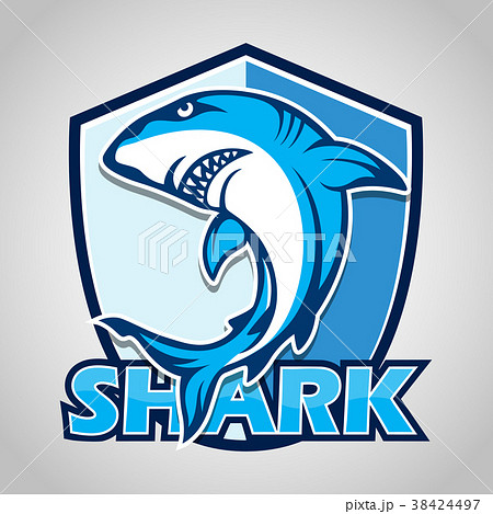 Cartoon shark with blue shield on gray background 38424497