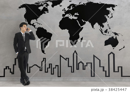 businessman stand with world map. 3D Render. 38425447