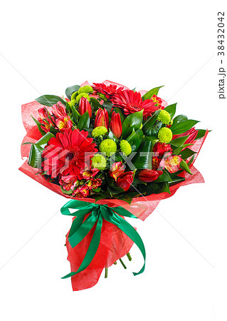 Bouquet of gerberas, tulips, bush chrysanthemums 38432042