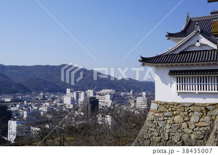 岡山県津山市の桜の名所「鶴山公園（津山城趾）」：備中櫓と津山市街 38435007