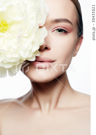 Beauty Portrait of girl with Big peony flower Beauty Portrait of girl with Big peony flower 38435821