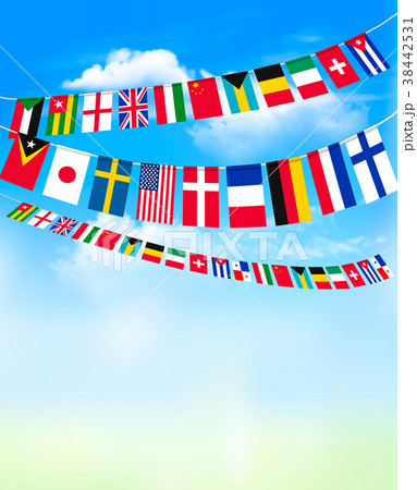 World bunting flags on blue sky.  38442531