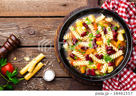 Minestrone soup. Vegetable soup with pasta Minestrone soup. Vegetable soup with pasta 38461557