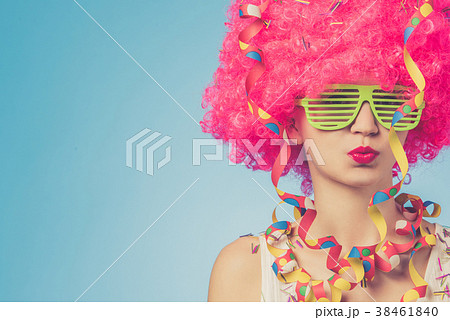 Portrait of beautiful party woman in pink wig 38461840