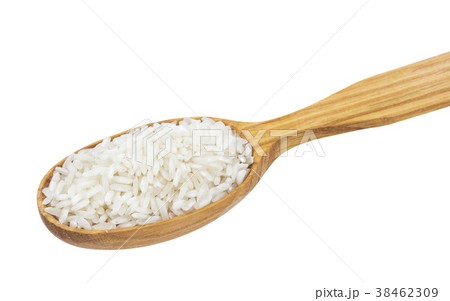 Basmati rice in wooden spoon isolated on white 38462309