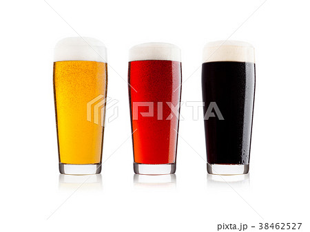 Cold glasses of lager stout and red beer with dew Cold glasses of lager stout and red beer with dew 38462527