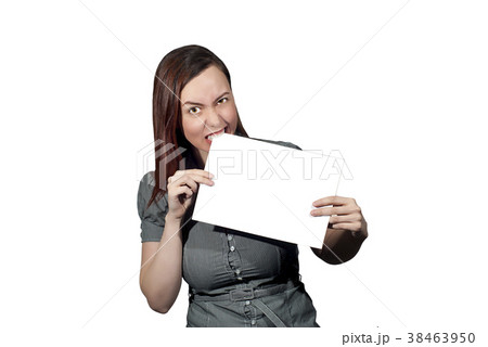 girl on a white background holds a blank banner  38463950