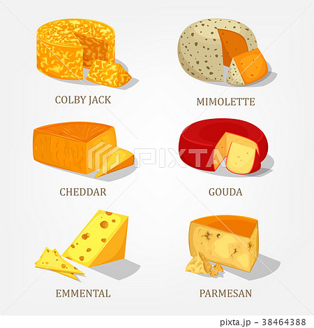 sliced french and swiss cheese food iconsのイラスト素材 38464388