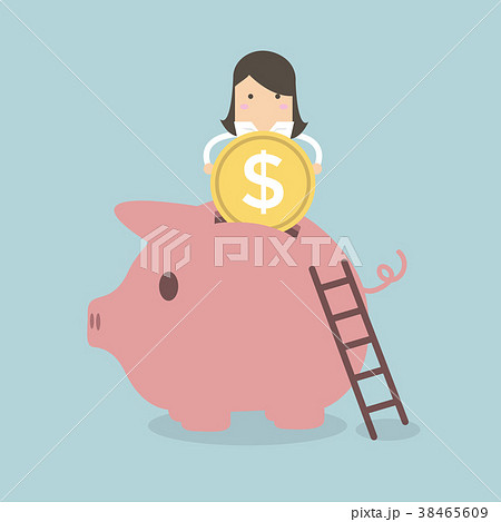 Businesswoman putting coin into piggy bank. 38465609