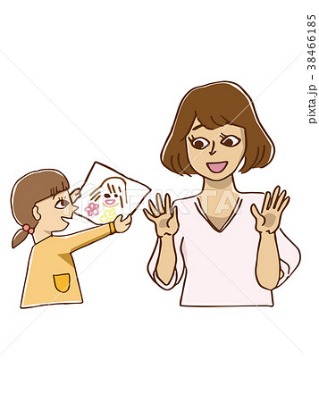 ママへ似顔絵をプレゼントする女の子のイラスト素材 ママへ似顔絵をプレゼントする女の子のイラスト素材