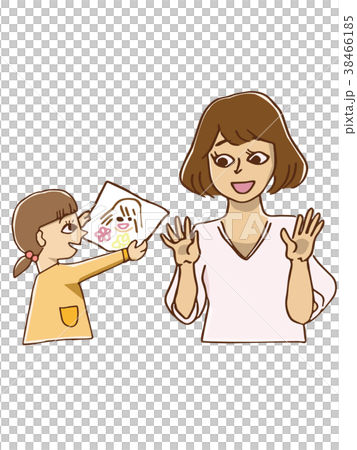 ママへ似顔絵をプレゼントする女の子のイラスト素材