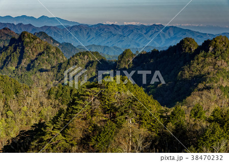 両神山・八丁尾根から見る新緑の赤岩尾根と北アルプス遠望 38470232