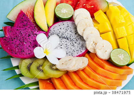 Tropical fruits assortment on a white plate. 38471975
