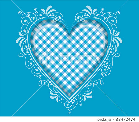 アールヌーボー調のハートのイラスト チェック柄 青 バレンタインデー ホワイトデー向け素材のイラスト素材