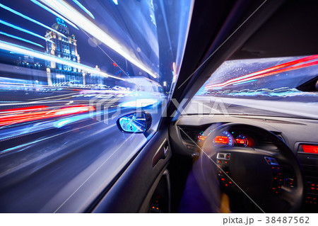 View from Side of Car moving in a night city View from Side of Car moving in a night city 38487562