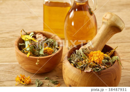 Picturesque composition of oil jars, pestle and Picturesque composition of oil jars, pestle and 38487931