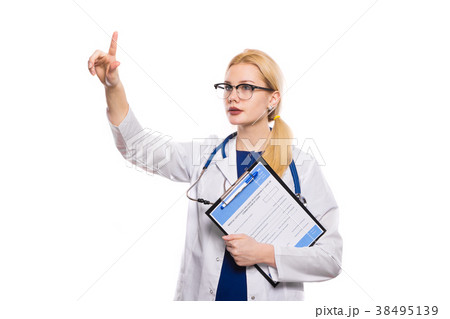 Woman doctor in white coat with clipboard Woman doctor in white coat with clipboard 38495139