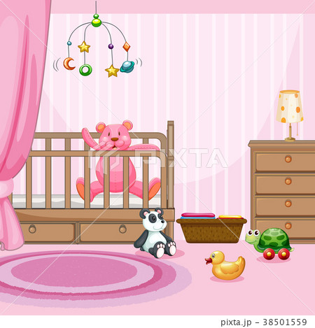 Bedroom scene with pink teddybear in babycot Bedroom scene with pink teddybear in babycot 38501559