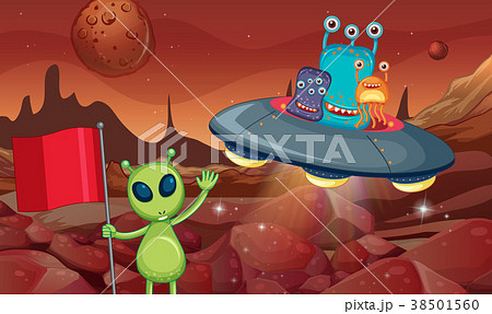 Aliens in UFO flying around the surface of planet 38501560