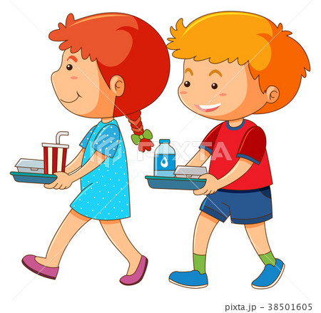 Boy And Girl Holding Tray Of Foodのイラスト素材