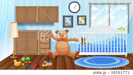 Bedroom scene with white babycot and dolls Bedroom scene with white babycot and dolls 38501771