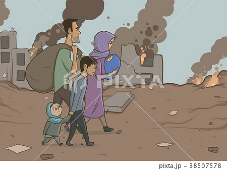 Family Of Refugees With Two Children On Destroyedのイラスト素材