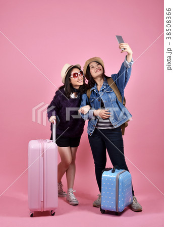 Young asian traveler taking photo, Tourist selfie. 38508366