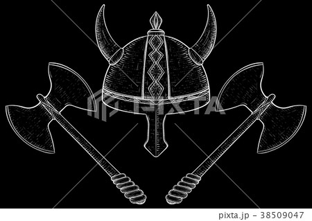 Viking horned helmet and two bladed axes. Hand 38509047