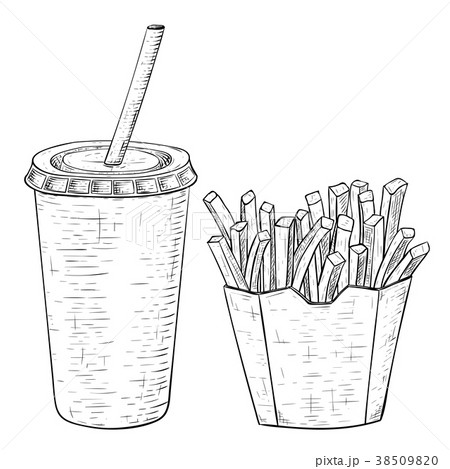 French fries and a drink in disposable cup. Black French fries and a drink in disposable cup. Black 38509820