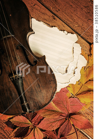 Old violin and autumn leaves over wooden table Old violin and autumn leaves over wooden table 38510586