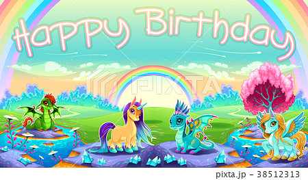 Happy Birthday card with fantasy animals Happy Birthday card with fantasy animals 38512313