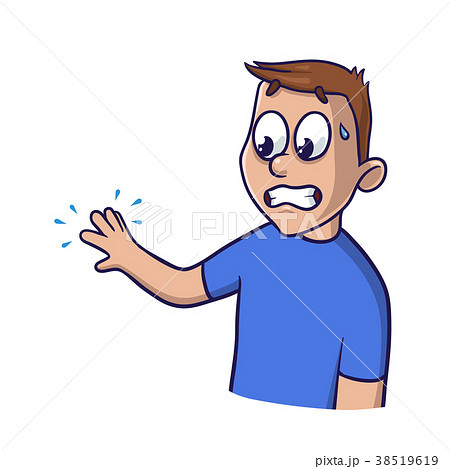 Puzzled man looks at his tingling hand with Puzzled man looks at his tingling hand with 38519619