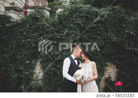 Kissing wedding couple in spring nature close-up Kissing wedding couple in spring nature close-up 38523283