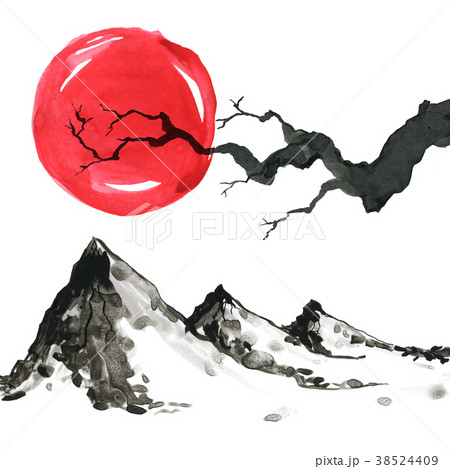 Mountains in Japanese style. Watercolor hand Mountains in Japanese style. Watercolor hand 38524409