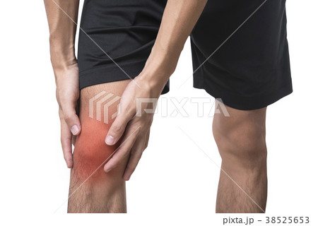 Young man with knee pain injured due to sport. Young man with knee pain injured due to sport. 38525653