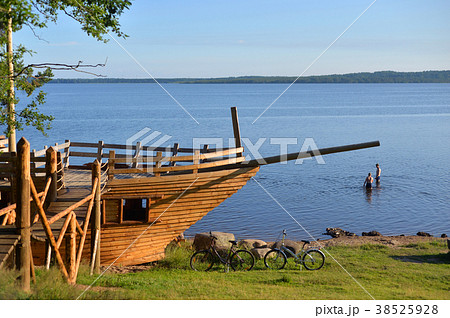 Sailing ship pavilion on the coast of lake. Sailing ship pavilion on the coast of lake. 38525928