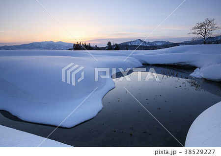 新潟県長岡市 水を張って冬を越す棚田と雪田の美しい夜明け 新潟県長岡市 水を張って冬を越す棚田と雪田の美しい夜明け 38529227