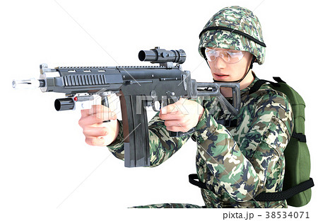 銃を構える男性 コンバット装備 膝付き射撃ポーズのイラスト素材
