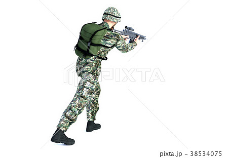 銃を構える男性 コンバット装備 移動射撃ポーズのイラスト素材